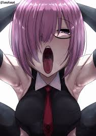 animated, animated gif, 1girl, ahegao, armpits, arms behind head, breasts,  collar, collared shirt, female pervert, glasses, hair over one eye,  half-closed eyes, large breasts, medium hair, necktie, open mouth, pervert,  pink hair,