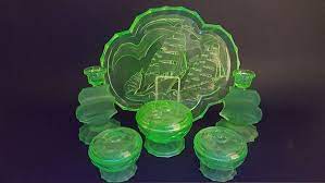 New Listing Beautiful Art Deco Galleon Uranium Green Glass Part Dressing Table Set With Tray Candlesticks And 3 Pots C 1930 Dressing Table Set Beautiful Art Art Deco