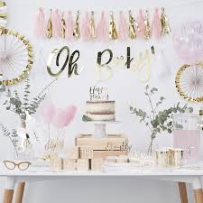 Our New Range Of Baby Shower Items Has Arrived This Beautiful Pink And Golden Range For Parties Is P Office Baby Showers Baby Shower Themes Modern Baby Shower