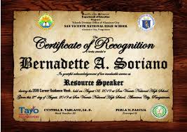 Department of education division of bataan provincial capitol compound, balanga city, bataan 2100 philippines Certificate For Resource Speaker Career Guidance Week