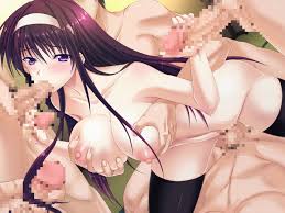 noba, yakumo rio, guilty, toriko no (series), toriko no chigiri, animated,  game cg, third-party edit, 1girl, 6+boys, anal, black hair, black  thighhighs, breast grabbed from behind, breasts, censored, double handjob,  double penetration,