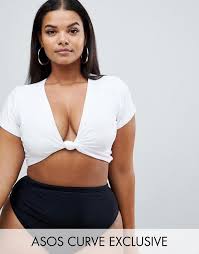 Asos Design Curve Deep Plunge Tie Front Tshirt Bikini Top In White Asos Bikini Tops Plus Size Swimwear Plunge Bikini