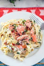 Salmon Fettuccine With Sour Cream Caesar Sauce Recipe Creamy Salmon Pasta Salmon Pasta Sour Cream Pasta