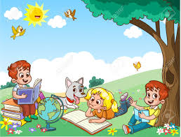動物や鳥と一緒に公園で本を読む子供のベクターイラストのイラスト素材・ベクター Image 203985140