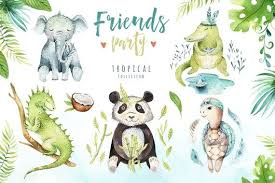 Watercolor Tropical Animal Clipart Digital Kids Illustration Etsy Animal Clipart Tropical Animals Friends Party