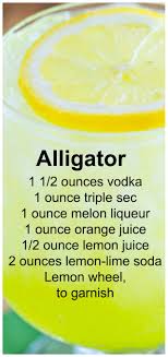 Check spelling or type a new query. Alligator Recipe Vodka Triple Sec Melon Liqueur Orange Juice Lemon Juice And Lemon Lime Soda Melon Liqueur Triple Sec Liqueur Drinks