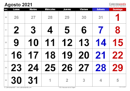 Contará con 190 días efectivos de clases y con los días festivos que a continuación se indican: Calendario Agosto 2021 Calendarpedia