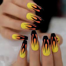 Extra Long Almond Fake Nails Fire Flame Glossy Solid Color Etsy In 2021 Yellow Nails Fake Nails Edgy Nails
