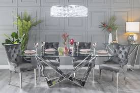 An elegant and simple form this glass dining table or desk is assembled from a pair of travertine marble clad demilune bases and a beveled edge racetrack shape. Urban Deco Jazz 200cm Glass And Chrome Dining Table And 6 Grey Knockerback Chrome Leg Chairs