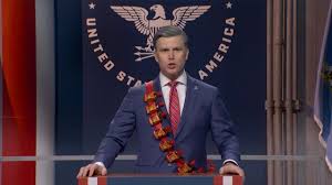 Colin Jost as Pete Hegseth in a Saturday Night Live cold open
