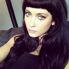 This model's fuzzy blue jacket provides a nice contrast to her. 11 Dark Hair Bangs Ideas Dark Hair Long Hair Styles Hairstyles With Bangs