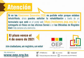 Actualidad • mar 8 / 2021. Tse Bolivia En Twitter Si Estuviste Inhabilitado Para Votar El 18 De Octubre Pasado Puedes Rehabilitarte En El Padron Electoral Llenando El Formulario En Linea Disponible En Https T Co V6whns3ema Tienes Hasta El 4