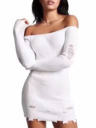 White Off Shoulder Ripped Long Sleeve Knitted Bodycon Mini Dress Choies Com Long Sleeve Short Dress Mini Dress Black Bodycon Dress Long Sleeve