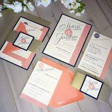 Coral Gold Navy Wedding Invitations On Ivory Linen With Monogram Band By I Coral Wedding Invitations Navy Wedding Invitations Navy Gold Wedding Invitations
