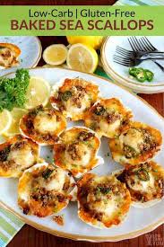 In a medium sized bowl, combine salt, pepper, sugar, white wine vinegar, sesame oil, ginger, cornstarch, and egg white and beat until foamy, then add scallops and stir gently to coat well. Baked Sea Scallops With Crispy Gluten Free Topping Low Carb Yum