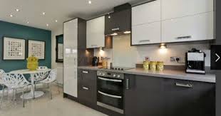 Interior Designed Contemporary Kitchen Dining Room Dark Teal Feature Wall Charcoal Grey Gloss Kitchen Units With