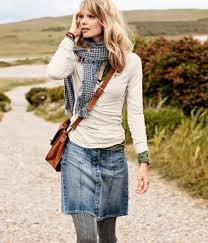 Cute Cool Weather Skirt Look Denim Skirt Checked Scarf Cream And Olive Green Layers Grey Cable Tights Crossbody Denim Outfit Fall Grey Tights Fashion