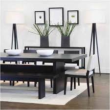 Black Wood Dining Table For Small Space With White Black Chair And Bench Also White Tripod Floor Lamp Minimalist Dining Room Dining Table With Bench Modern Dining Room Tables