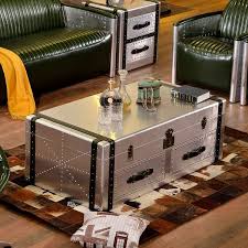 Stainless steel and leather bound trunk coffee table with two side drawers. Aviator Coffee Table With Drawers Storage Flip Top Accent Table