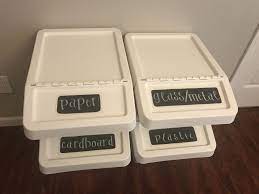 ikea sortera recycling bins with handwritten labels