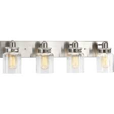 This bathroom vanity 4 light from the ain collection will enhance your home with a perfect mix of form and function. Calhoun Collection Four Light Brushed Nickel Clear Glass Farmhouse Bath Vanity Light P300048 009 Progress Lighting