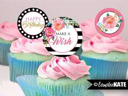 Rose Gold Happy Birthday Cake Topper Printable Printable Birthday Party Cupcake Toppers Favor Tags Elegant Floral Black White Stripe Gold Glitter 2 Inch Favor Tags Instant Do Decoracion De Unas Fiesta
