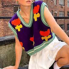 Open knit drop shoulder button front crop cardigan. Sweetown Floral Print Cute Knitted Vest Women Preppy Style Trending Y2k Clothes Patchwork Striped Sweater Vest Female Knitwear Aliexpress