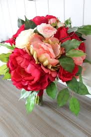 Handmade roses in peachy shades of coral & champagne. Coral And Red Wedding Bouquets Silk Wedding Flowers And Bouquets Online Love Is Blooming
