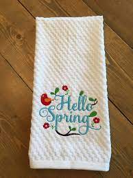 Springtime Embroidered Decorative Kitchen Towel Dish Towel Tea Towel Linens Hello Spring Decorative Kitchen Towels Tea Towels Sewing Activities
