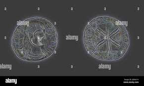 La moneda que retrata al emperador Magnencio, AD 350/353, romano, acuñado  en Tréveris, Tréveris, Bronce, Diam. 2.5 cm, 4.67 g, Reimaged by Gibon,  diseño de brillo alegre y cálido y rayos de