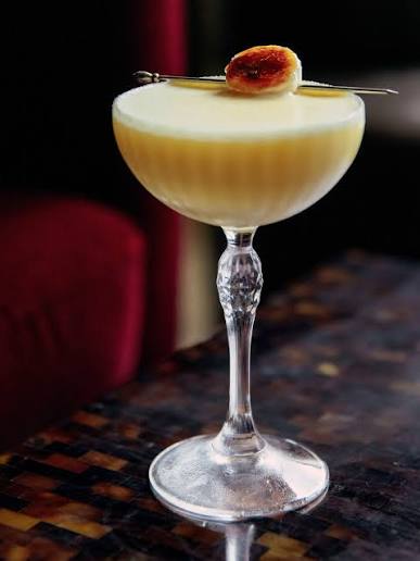 grandy's flip | bourbon and cream cheese | brûléed banana creamy, golden,  tropical, indulgent | this one's for lawson's grandma #fourwallsnashville  #flipcocktail #bourbon #bananapie #grandmaknowsbest
