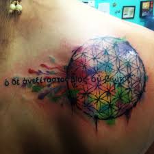 Flower Of Life Watercolor Tattoo With The Quote The Unexamined Life Is Not Worth Living In Ancient Greek Words By S Flower Of Life Tattoo Back Tattoo Tattoos