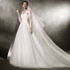 Hochzeitskleid mit äel und spitze. Prinzessin A Linie Brautkleid Elegant Langarm V Ausschnitt Tull Spitze Mit Armel