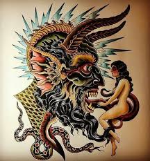 This is a set of tattoos that is worth a trying. Original Colorful Devil Head With Slim Little Girl Sitting On His Tongue Tattoo Design Tattooimages Biz