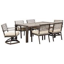 Peachstone Outdoor Dining Table Set With Swivel Chairs Combining Modern And Rustic Style Thi Rectangular Dining Set Outdoor Dining Table Setting Dining Table