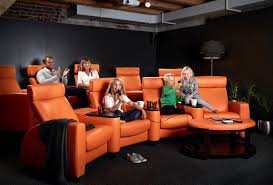 Stressless Theater Seating Orange Leather Karaoke Never Sounded So Good Home Theater Seating Hometheater Seating Furniture