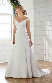 Formal A Line Wedding Gown With Off The Shoulder Neckline Wedding Gown A Line Essense Of Australia Wedding Dresses Wedding Dresses Satin