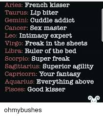 Kissing a cancer is not just kissing. Aries French Kisseir Taurus Lip Biter Gemini Cuddle Addict Cancer Sex Master Leo Intimacy Expert Virgo Freak In The Sheets Libra Ruler Of The Bed Scorpio Super Freak Sagittarius Superior Agility Capricorn