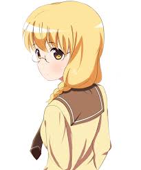 hayama teru, sansha san'you, absurdres, highres, 1girl, blonde hair,  braid, glasses, ko neko sa, school uniform, twin braids, yellow eyes 