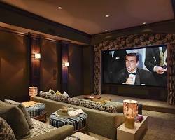 Image of luxurious home theater with dark walls and a projector screen