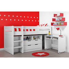 High sleeper beds with storage, combining a bed with a wardrobe, drawers, chest, or hanging rail. Cosmo Mid Sleeper Bed In White With Pull Out Desk Furniture123