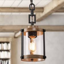 How tall is a farmhouse kitchen island light? Log Barn Pendant Lighting For Kitchen Island Farmhouse Mini Chandelier In Faux Wood Metal With Bubbled Glass Shade Rustic Ceiling Fixture Hanging For Dining Room Hallway Amazon Com