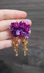 Purple Flower Earrings Lilac Flower Jewelry Dangle Earrings Violet Earrings Clay Jewelry Drop Earrings Gold Plated Jewelry Polymer Clay Flower Jewelry Flower Jewellery Beaded Jewelry