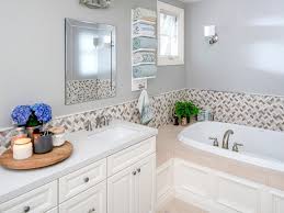 A country inspired wall paper border where vintage bath signs, elegant soaps, fresh towels and gorgeous plants provide a warm and inviting entrance to a powder room, bathroom or wash room. How To Install A Tile Border In A Bathroom Diy