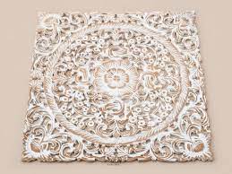 White Wash Wood Carving Wall Art Panel Wall Hanging Lotus Wood Carved Plaque Decor Orient Carved Wood Wall Art Carved Wood Wall Art Decor Carved Wall Decor