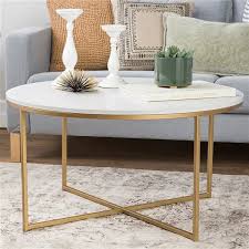 19.1 inches (h) x 36 inches (w) x 36 inches (d). Walker Edison Coffee Table With X Base 36 In Marble Gold Af36alctmgd Rona