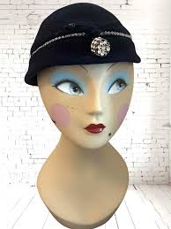 Vintage the Wm. H Block Co Indianapolis Velour Navy Cloche Hat Rhinestone  Trim