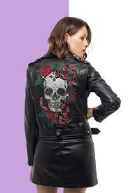 Party Jacket Crystal Skull Roses Biker Jacket Black Leather Jacket Steampunk Harlequin Goth Clothing Motorcycle Wear Clothes Leather Jackets Women Black Friday Sale Fashion