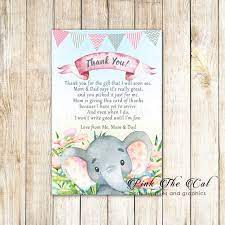 Pink and green elephant baby shower card. Hand Painted Elephant Baby Shower Thank You Cards Girl Etsy