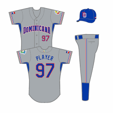 Dominican Republic Road Uniform 2009 Dominicana In Blue Trimmed In Red And Blue And Red Piping On Gray Uniform With Blue Uniform Sports Logo White Uniform